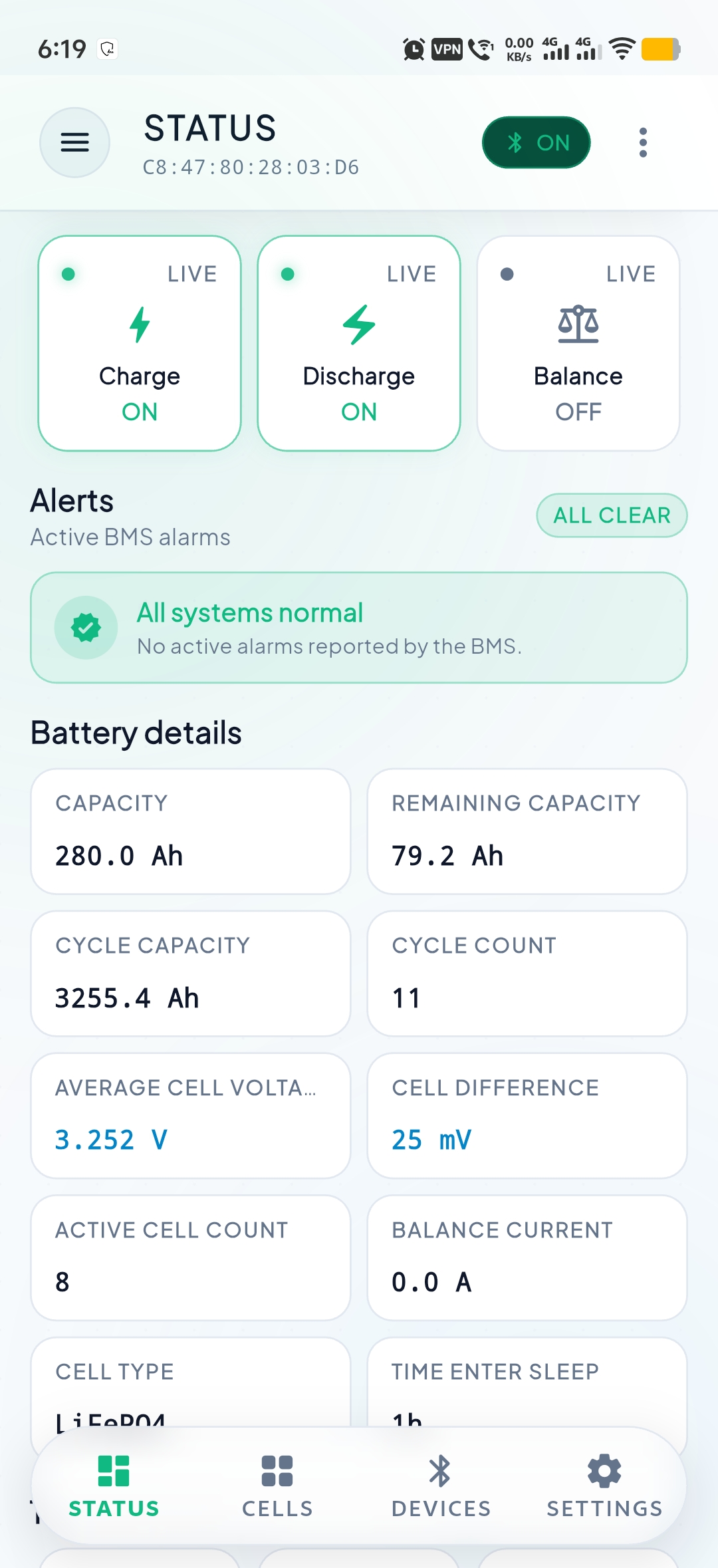 JKBMSR BLE charge, discharge and balance switches with all-clear alerts