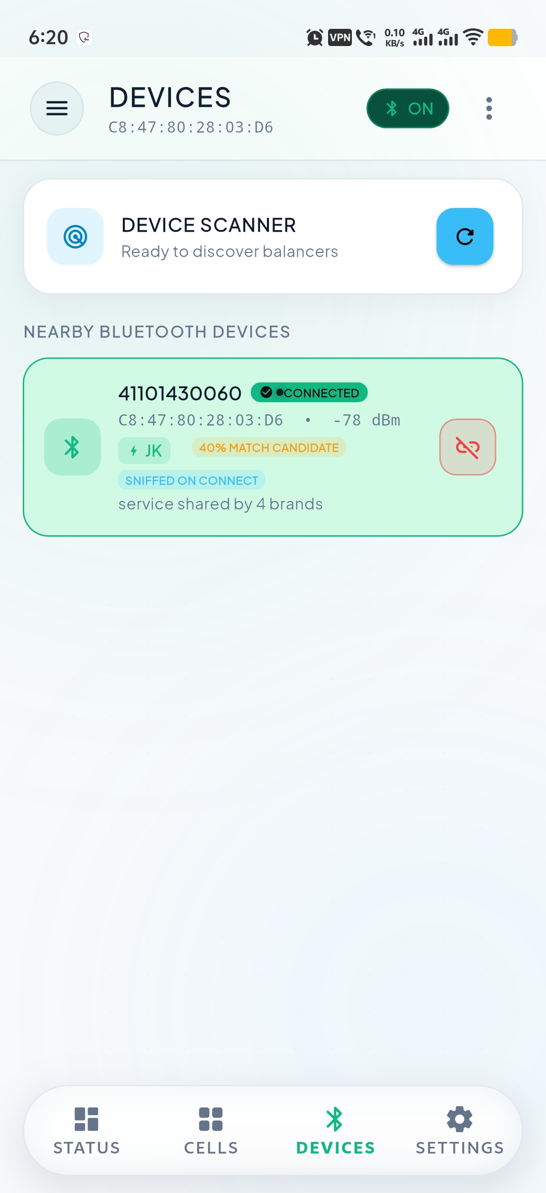 JKBMSR BLE device scanner with a connected BMS
